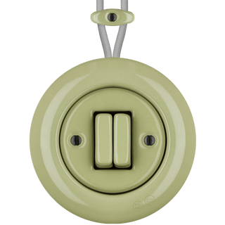 PORCELAIN KATY PATY COLONA ROUND SURFACE MOUNTED DOUBLE SLIM BUTTON SWITCH MOSS GREEN - DYKE & DEAN