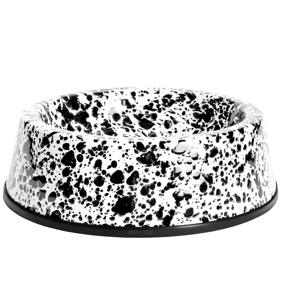 SPLATTERWARE SMALL ENAMEL DOG BOWL BLACK & WHITE - DYKE & DEAN