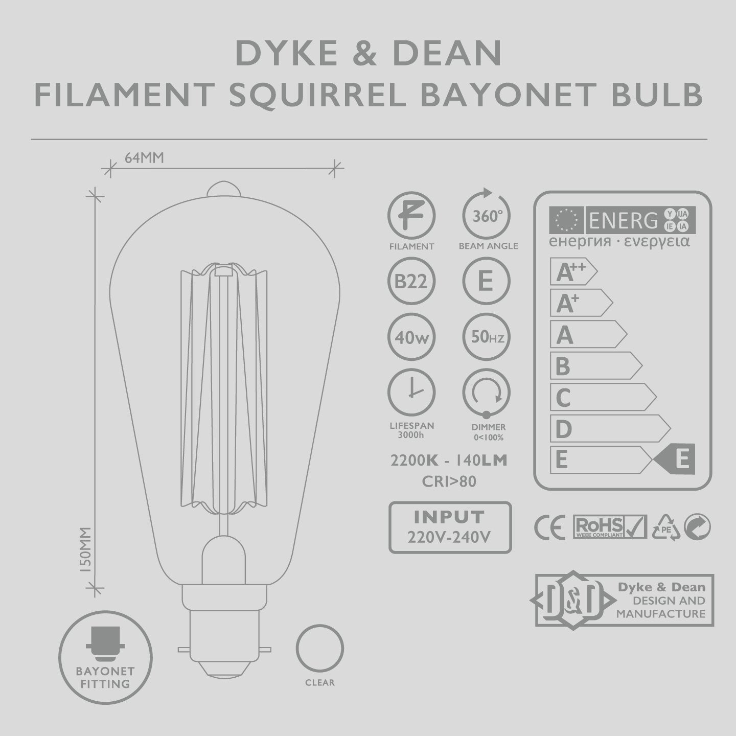 SQUIRREL CAGE EDISON BAYONET FILAMENT BULB 40W - DYKE & DEAN