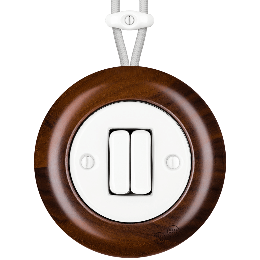 WOODEN PORCELAIN SURFACE MOUNTED NUC MAG DOUBLE SLIM BUTTON SWITCH - DYKE & DEAN