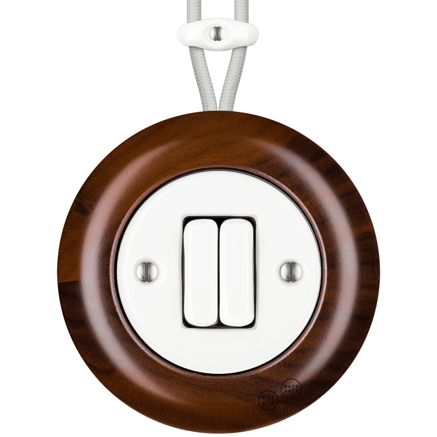 WOODEN PORCELAIN SURFACE MOUNTED NUC MAG DOUBLE SLIM BUTTON SWITCH - DYKE & DEAN