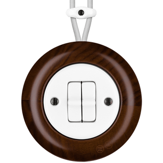 WOODEN PORCELAIN SURFACE MOUNTED NUCLEUS DOUBLE TOGGLE SWITCH - DYKE & DEAN