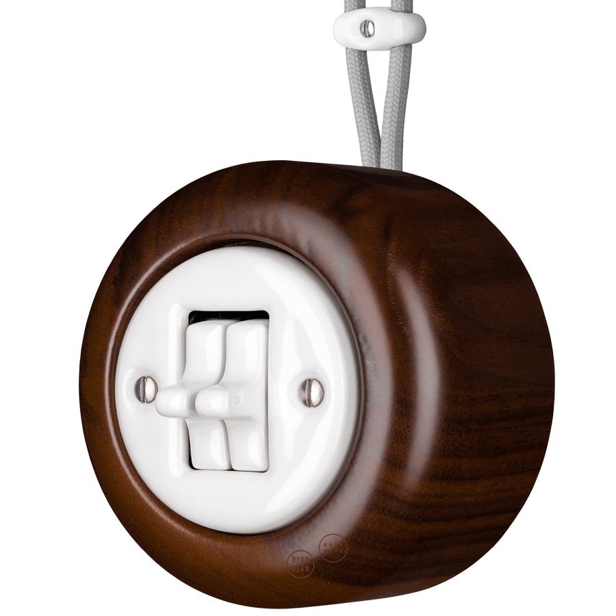 WOODEN PORCELAIN SURFACE MOUNTED NUCLEUS DOUBLE TOGGLE SWITCH - DYKE & DEAN