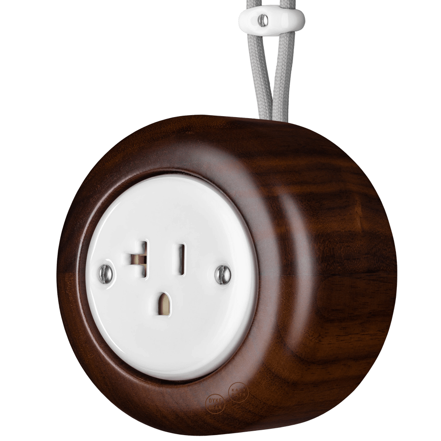 WOODEN PORCELAIN SURFACE MOUNTED NUCLEUS SOCKET USA 20AMP - DYKE & DEAN