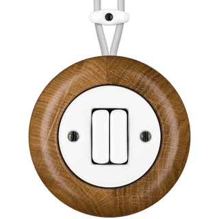 WOODEN PORCELAIN SURFACE MOUNTED ROBUS DOUBLE SLIM BUTTON SWITCH - DYKE & DEAN
