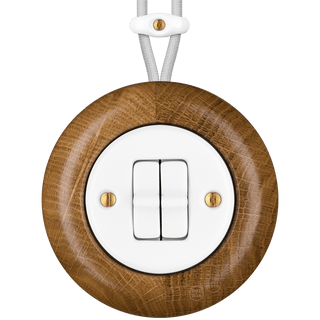WOODEN PORCELAIN SURFACE MOUNTED ROBUS DOUBLE TOGGLE SWITCH - DYKE & DEAN