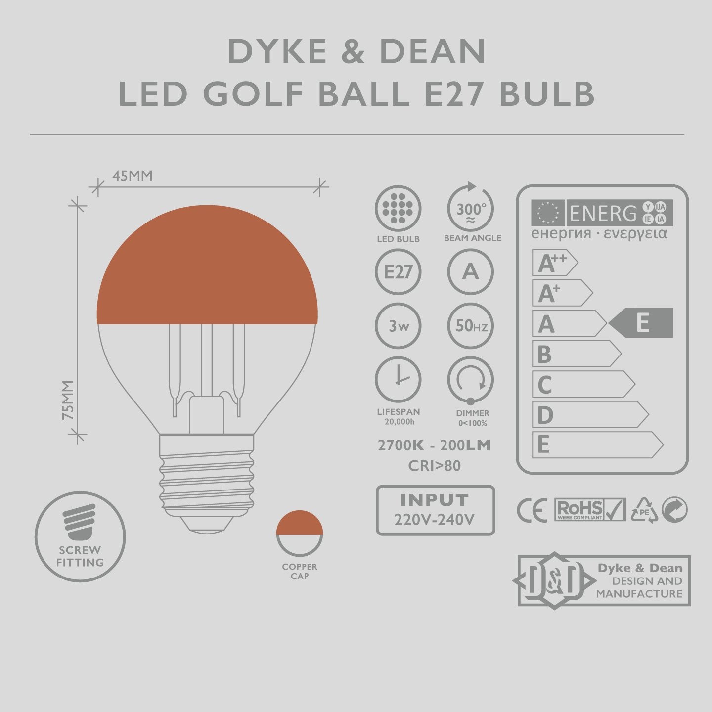 DYKE & DEAN LED COPPER CAP E27 GOLF BALL BULB - DYKE & DEAN