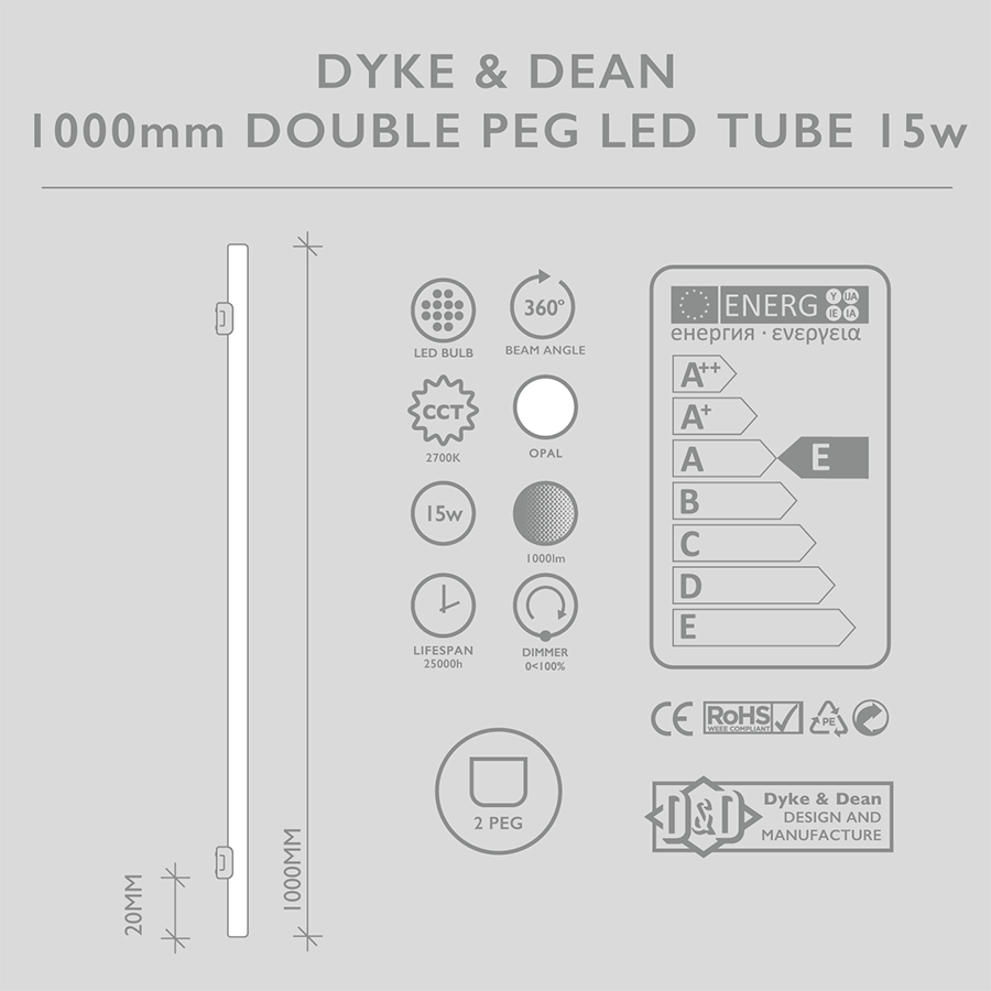 LED DOUBLE OPAL GLASS TUBE PEG BULB 9.9W 1000MM - DYKE & DEAN