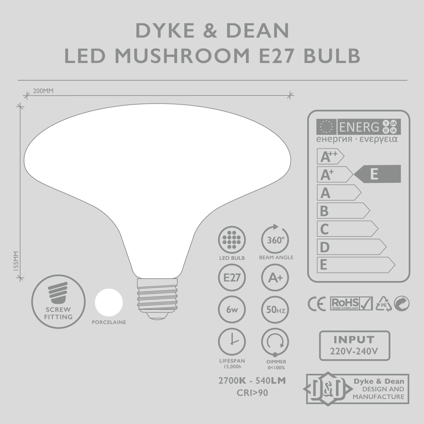 MUSHROOM LED PORCELAIN E27 BULB - DYKE & DEAN